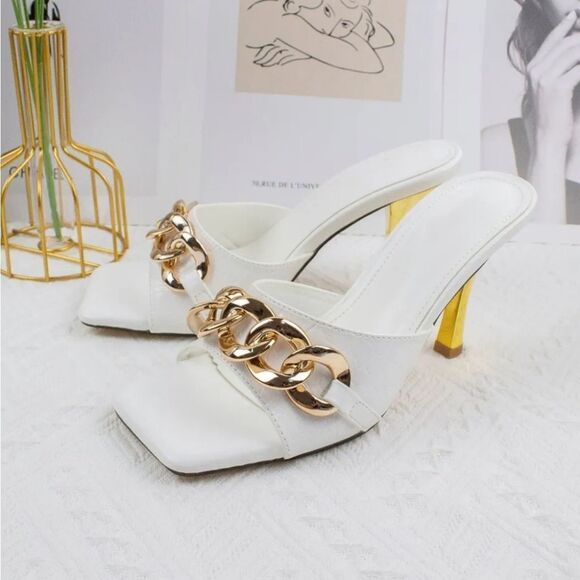 BRAND NEW SHOELAND SQUARE TOE SLIP-ON FOOT OPEN TOE GOLD CHAIN LINKING S…G1 - Picture 2 of 16